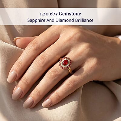 Luxoro AAA Red Sapphire, Padparadscha Sapphire (BT) and I2 Diamond 1.20 ctw Crimson Halo Ring in 10K Yellow Gold (Size 12.0)