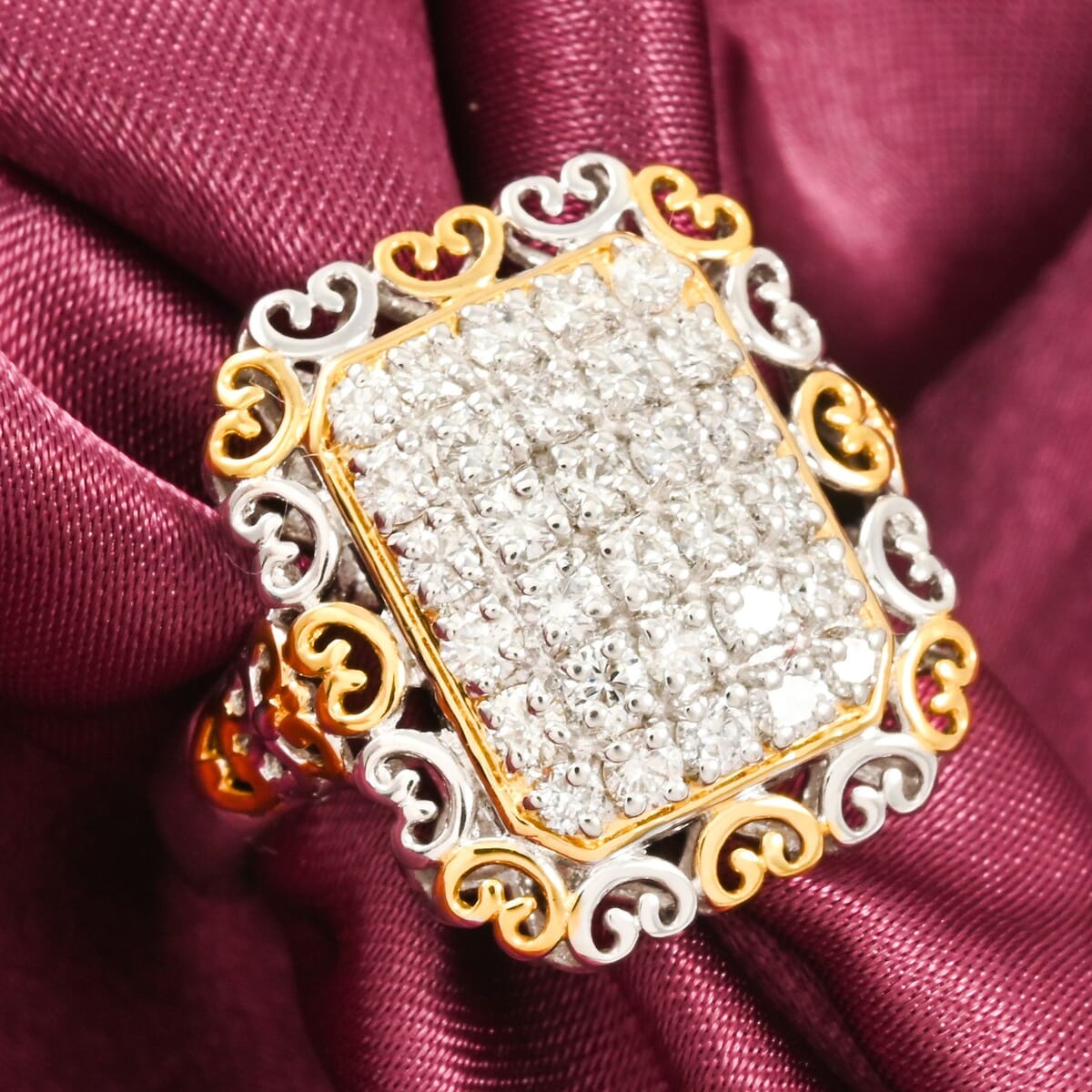 Luxuriant Lab Grown Diamond G-H SI 1.00 ctw Vintage Filigree Ring in Vermeil YG and Rhodium Over Sterling Silver (Size 8.0) image number 1