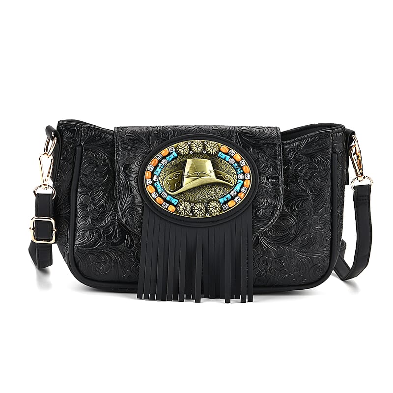 Black Flower Embossed Faux Leather Crossbody Bag with Charming Tassel