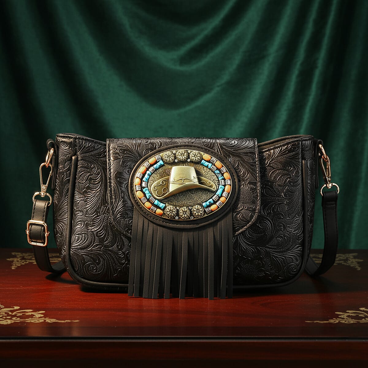 Black Flower Embossed Faux Leather Crossbody Bag with Charming Tassel image number 1