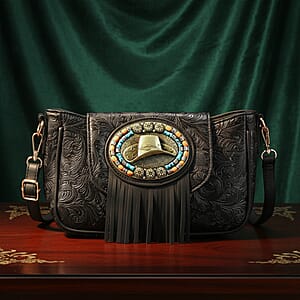 Black Flower Embossed Faux Leather Crossbody Bag with Charming Tassel