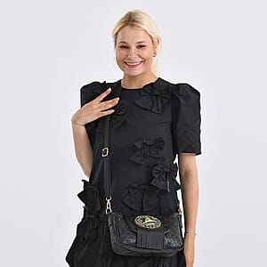Black Flower Embossed Faux Leather Crossbody Bag with Charming Tassel