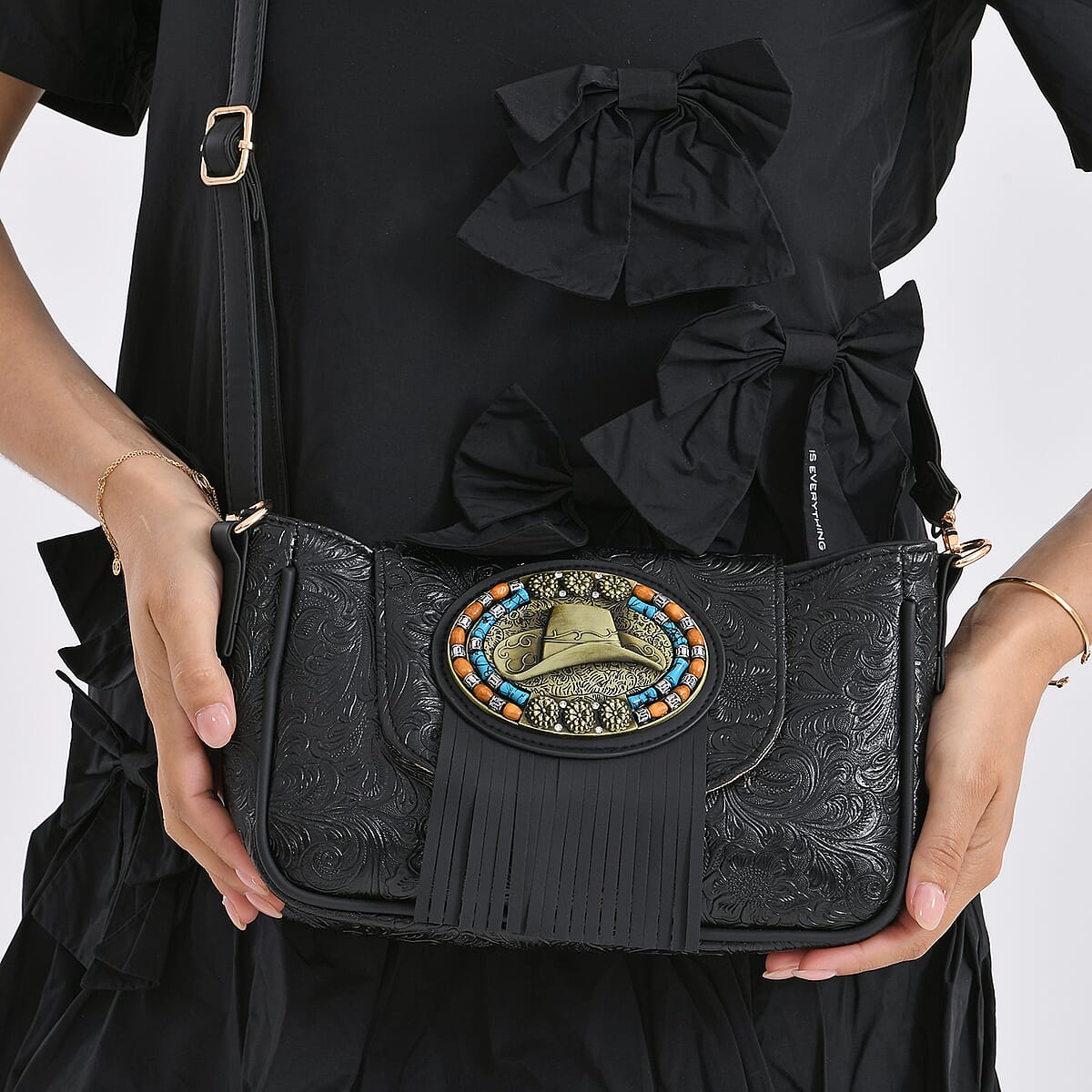 Black Flower Embossed Faux Leather Crossbody Bag with Charming Tassel image number 3