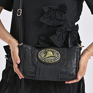 Black Flower Embossed Faux Leather Crossbody Bag with Charming Tassel