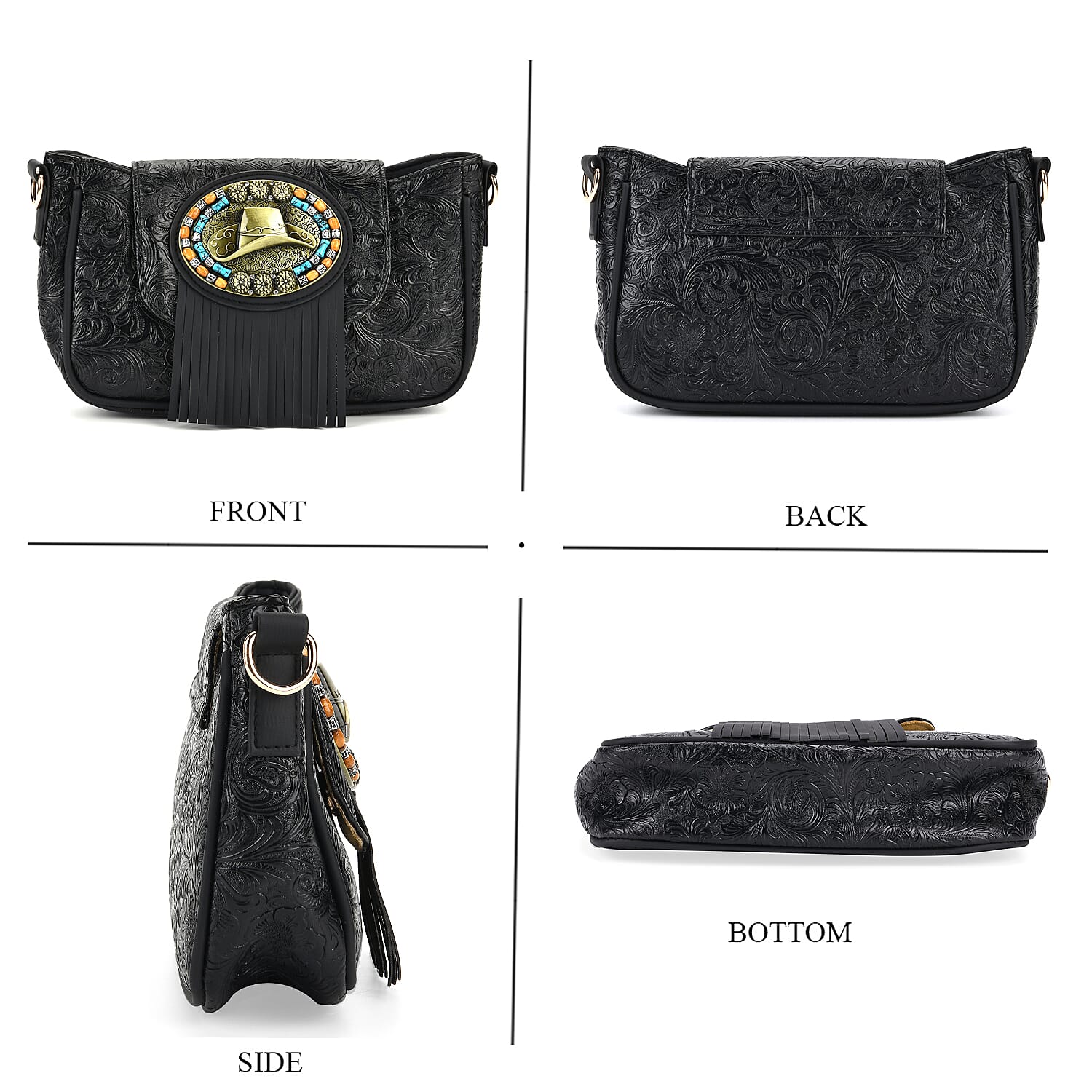 Black Flower Embossed Faux Leather Crossbody Bag with Charming Tassel