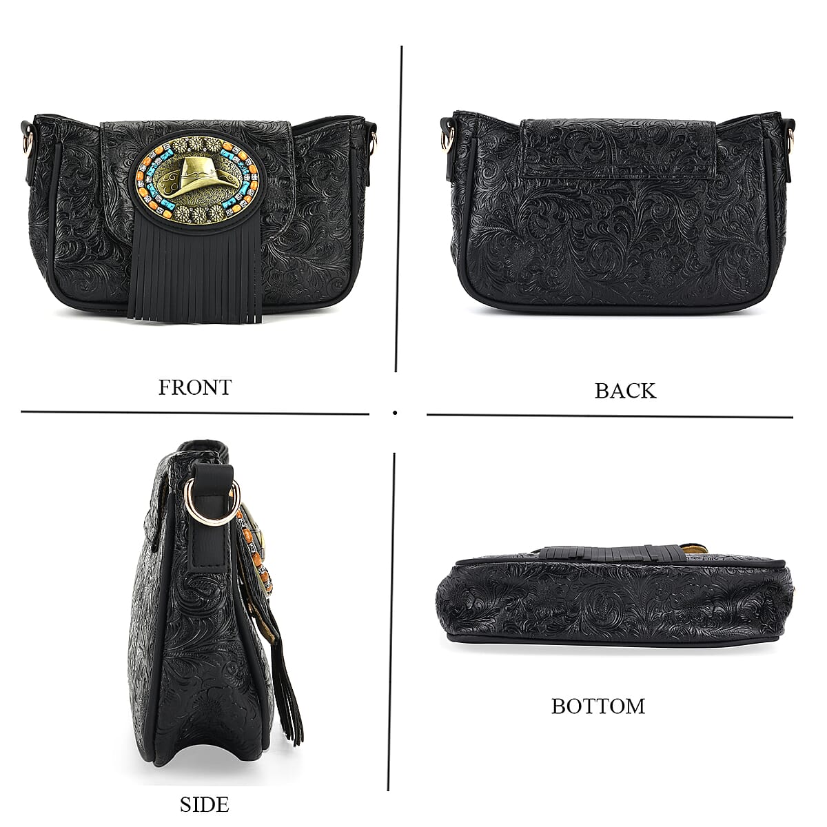 Black Flower Embossed Faux Leather Crossbody Bag with Charming Tassel image number 4