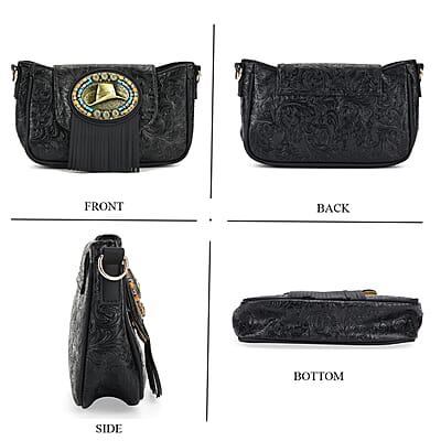 Black Flower Embossed Faux Leather Crossbody Bag with Charming Tassel