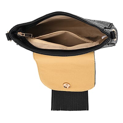 Black Flower Embossed Faux Leather Crossbody Bag with Charming Tassel
