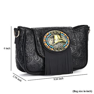 Black Flower Embossed Faux Leather Crossbody Bag with Charming Tassel