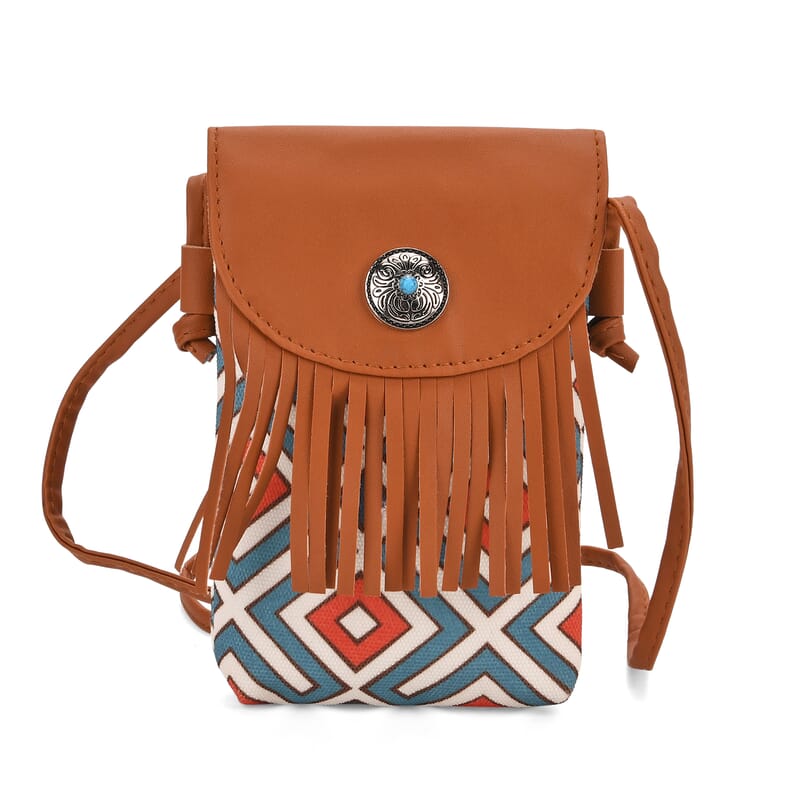 Brown Faux Leather Rhombus Pattern Tassel Crossbody Bag with Shoulder Strap
