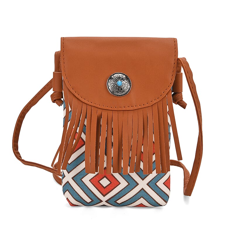 Brown Faux Leather Rhombus Pattern Tassel Crossbody Bag with Shoulder Strap