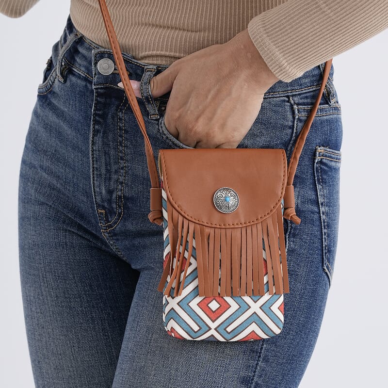 Brown Faux Leather Rhombus Pattern Tassel Crossbody Bag with Shoulder Strap