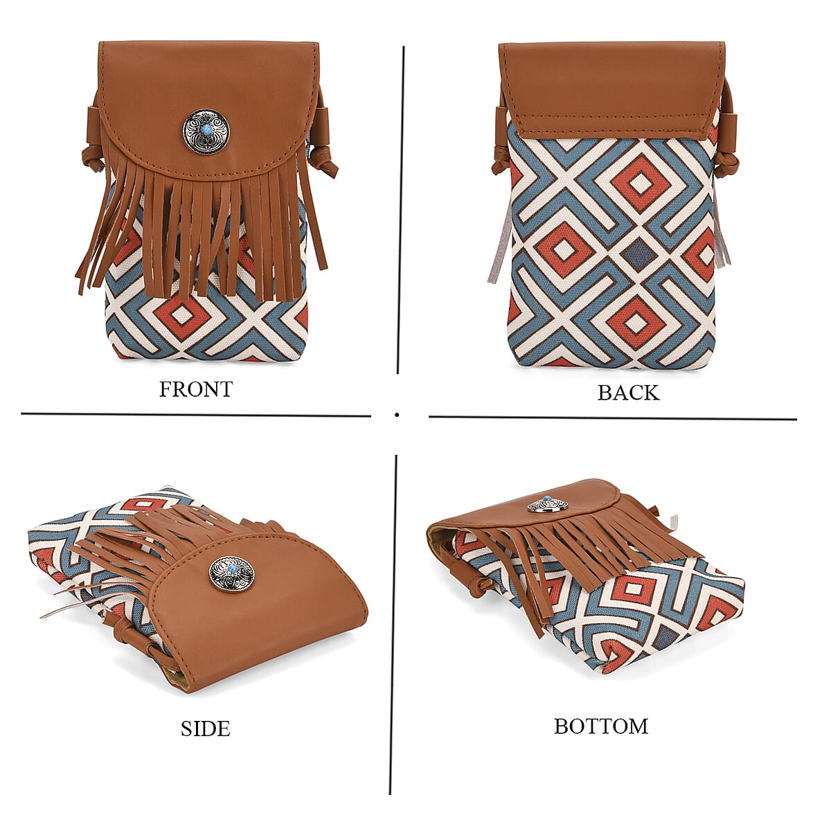 Brown Faux Leather Rhombus Pattern Tassel Crossbody Bag with Shoulder Strap image number 4