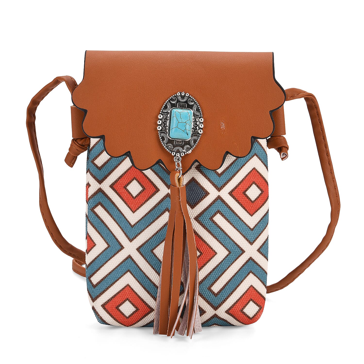 Brown Faux Leather Rhombus Pattern Tassel Crossbody Bag with Shoulder Strap