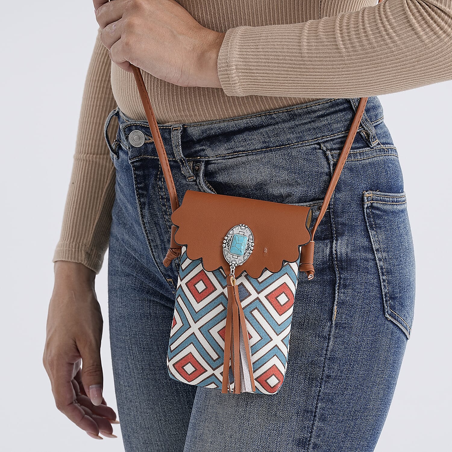 Brown Faux Leather Rhombus Pattern Tassel Crossbody Bag with Shoulder Strap