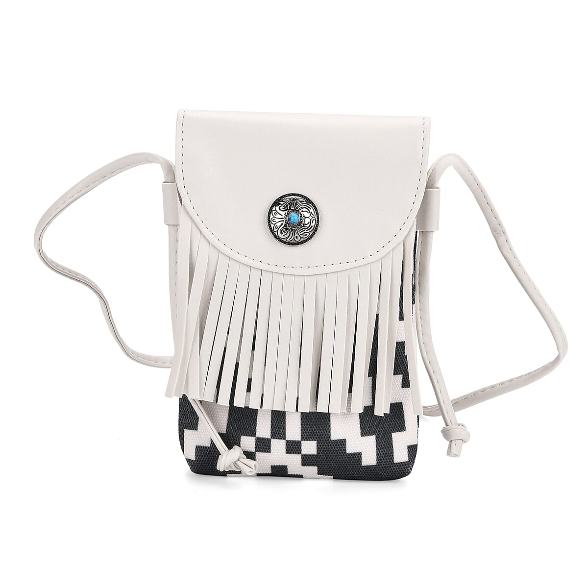 Forest Green and White Faux Leather Rhombus Pattern Tassel Crossbody Bag with Shoulder Strap image number 0