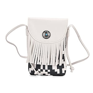 Forest Green and White Faux Leather Rhombus Pattern Tassel Crossbody Bag with Shoulder Strap