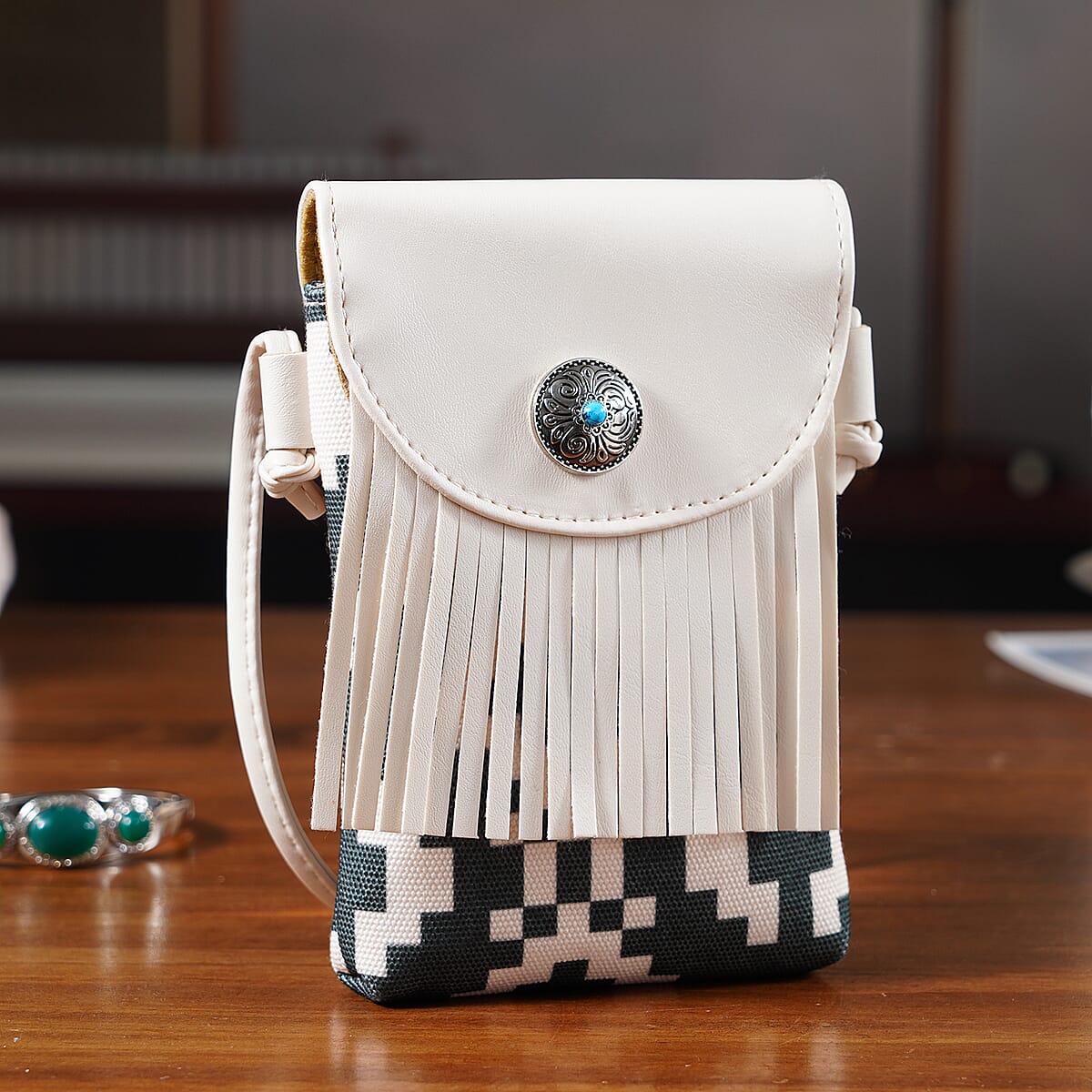 Forest Green and White Faux Leather Rhombus Pattern Tassel Crossbody Bag with Shoulder Strap image number 1