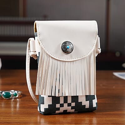 Black and White Faux Leather Rhombus Pattern Tassel Crossbody Bag with Shoulder Strap