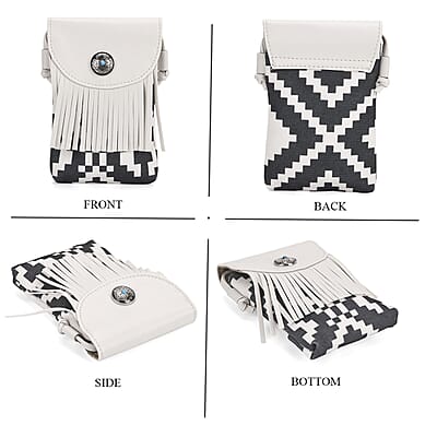 Black and White Faux Leather Rhombus Pattern Tassel Crossbody Bag with Shoulder Strap