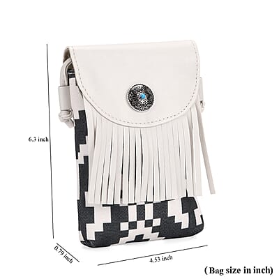 Black and White Faux Leather Rhombus Pattern Tassel Crossbody Bag with Shoulder Strap