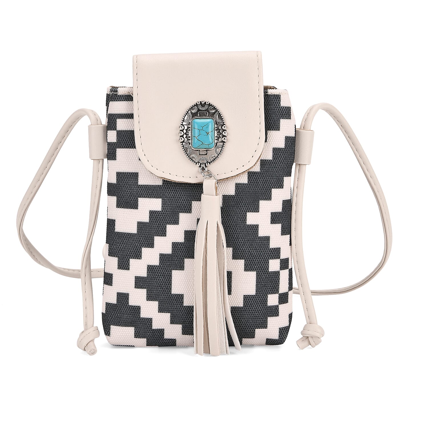 Black and White Faux Leather Rhombus Pattern Tassel Crossbody Bag with Shoulder Strap