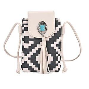 Forest Green and White Faux Leather Rhombus Pattern Tassel Crossbody Bag with Shoulder Strap