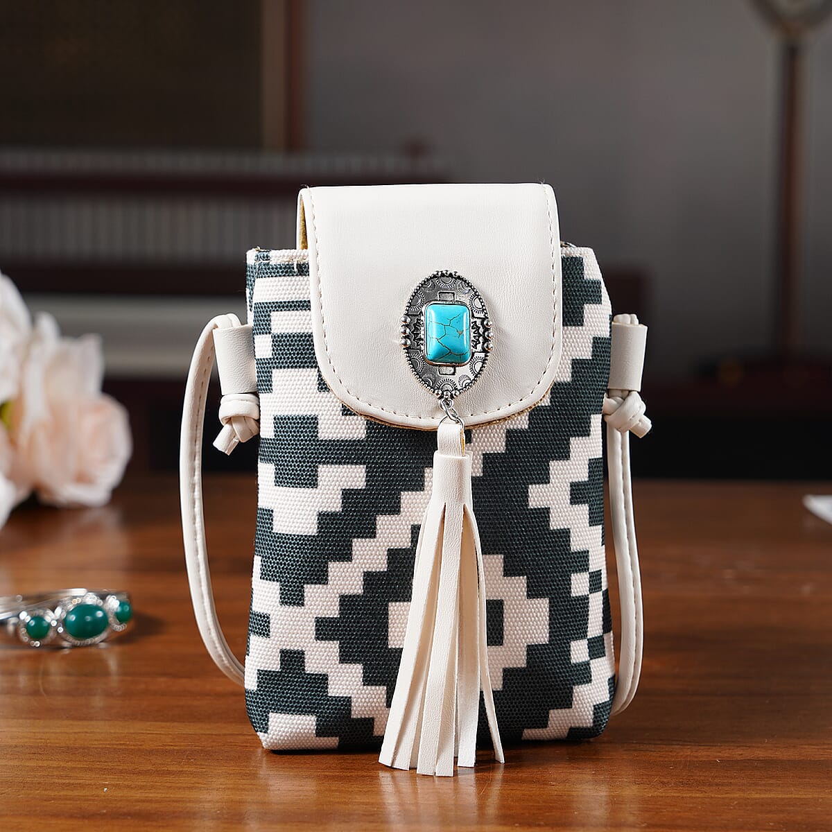Forest Green and White Faux Leather Rhombus Pattern Tassel Crossbody Bag with Shoulder Strap image number 1