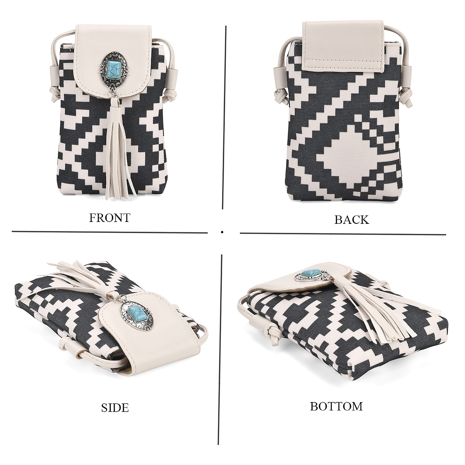Black and White Faux Leather Rhombus Pattern Tassel Crossbody Bag with Shoulder Strap