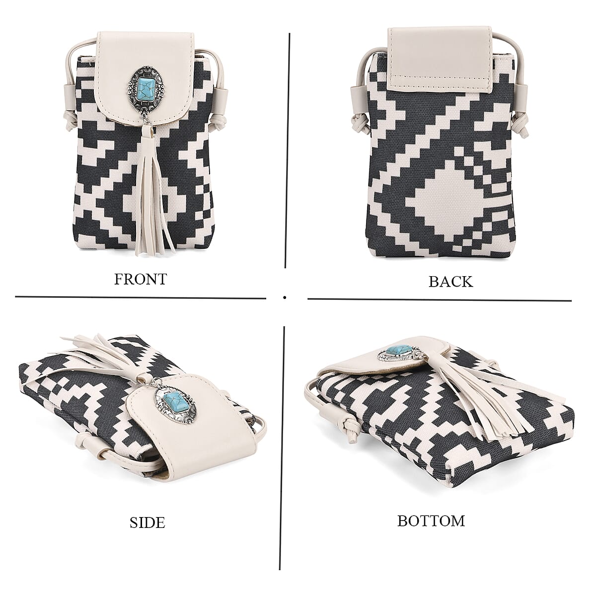 Forest Green and White Faux Leather Rhombus Pattern Tassel Crossbody Bag with Shoulder Strap image number 4