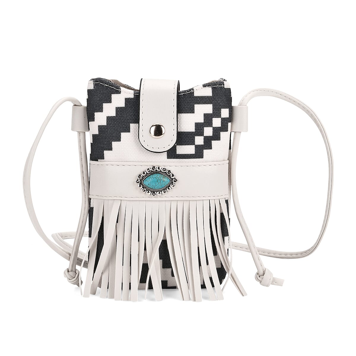 Black and White Faux Leather Rhombus Pattern Tassel Crossbody Bag with Shoulder Strap image number 0