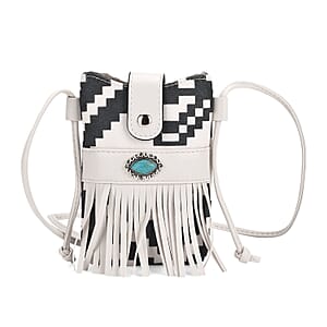 Black and White Faux Leather Rhombus Pattern Tassel Crossbody Bag with Shoulder Strap