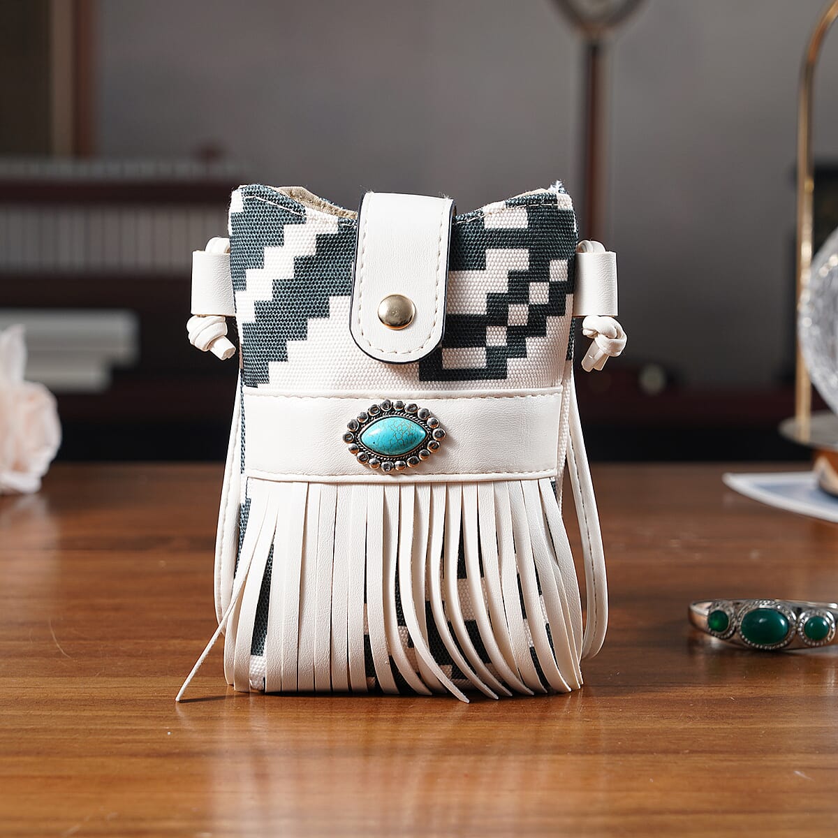 Black and White Faux Leather Rhombus Pattern Tassel Crossbody Bag with Shoulder Strap image number 1