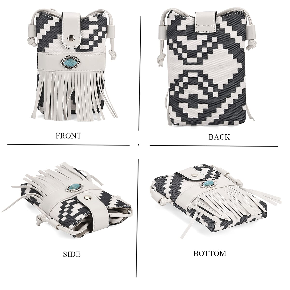 Black and White Faux Leather Rhombus Pattern Tassel Crossbody Bag with Shoulder Strap image number 4