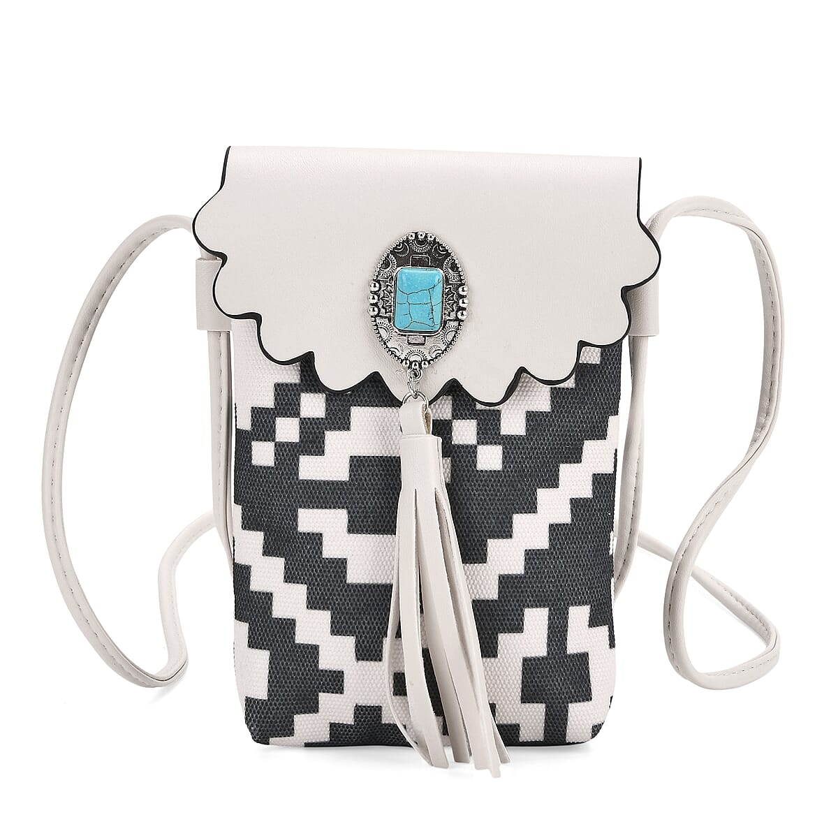  Forest Green and White Faux Leather Rhombus Pattern Tassel Crossbody Bag with Shoulder Strap image number 0