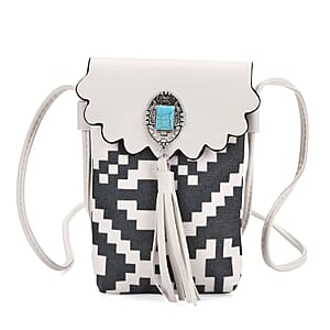  Forest Green and White Faux Leather Rhombus Pattern Tassel Crossbody Bag with Shoulder Strap