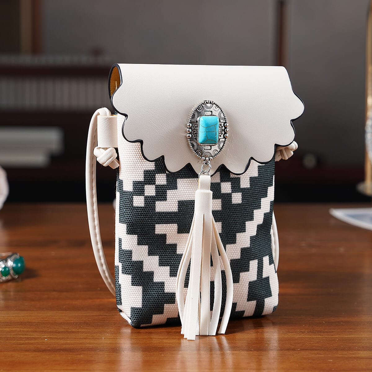  Forest Green and White Faux Leather Rhombus Pattern Tassel Crossbody Bag with Shoulder Strap image number 1