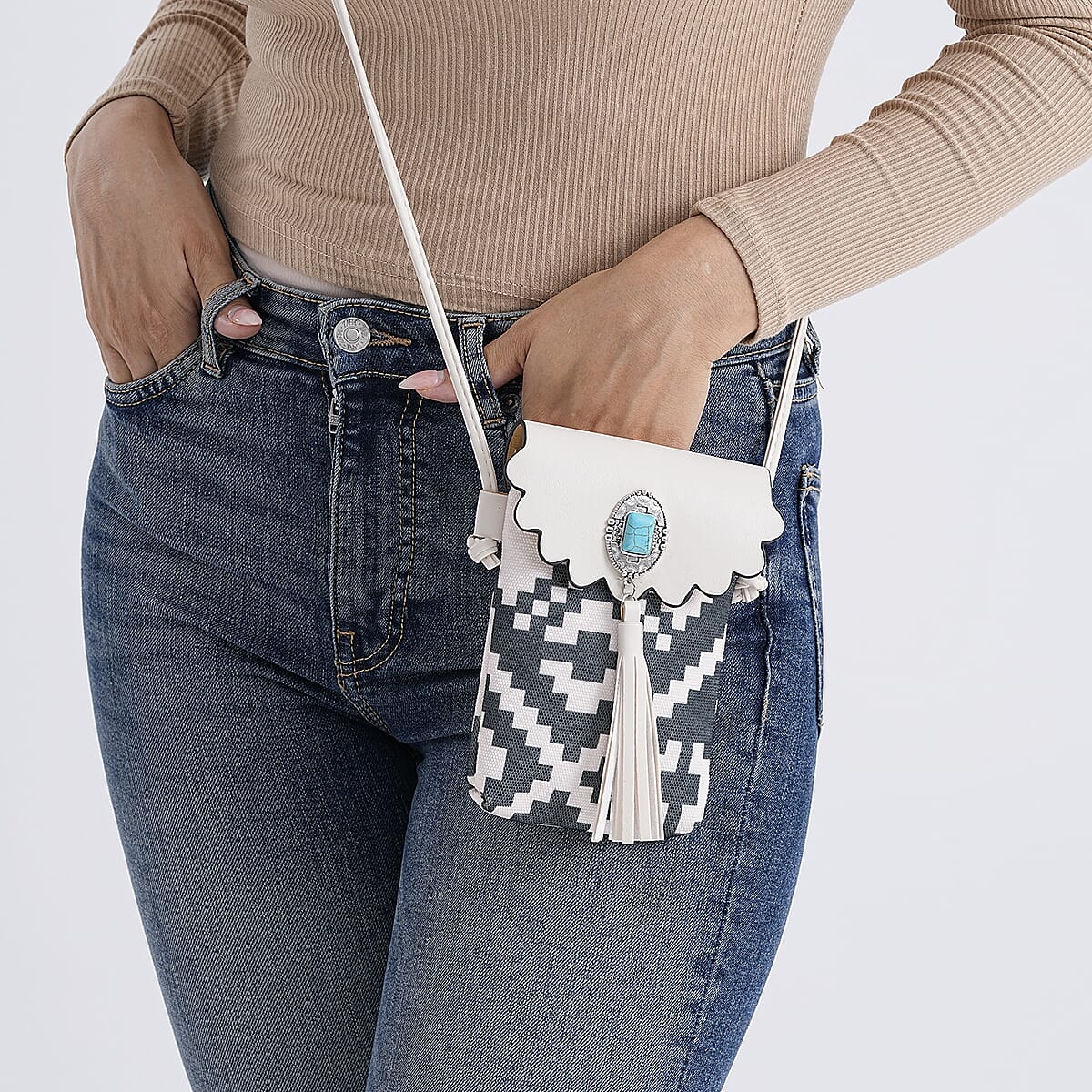  Forest Green and White Faux Leather Rhombus Pattern Tassel Crossbody Bag with Shoulder Strap image number 3