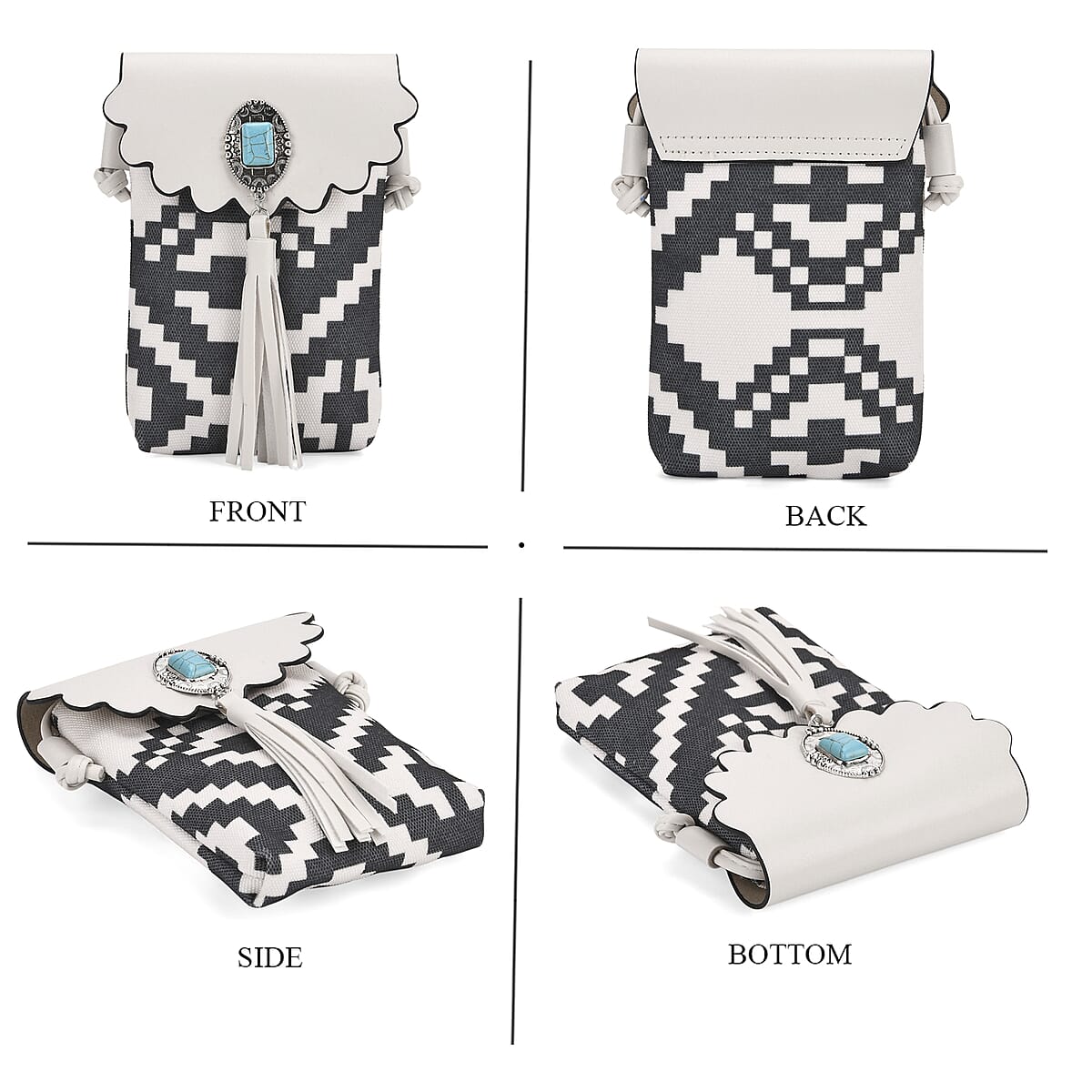  Forest Green and White Faux Leather Rhombus Pattern Tassel Crossbody Bag with Shoulder Strap image number 4