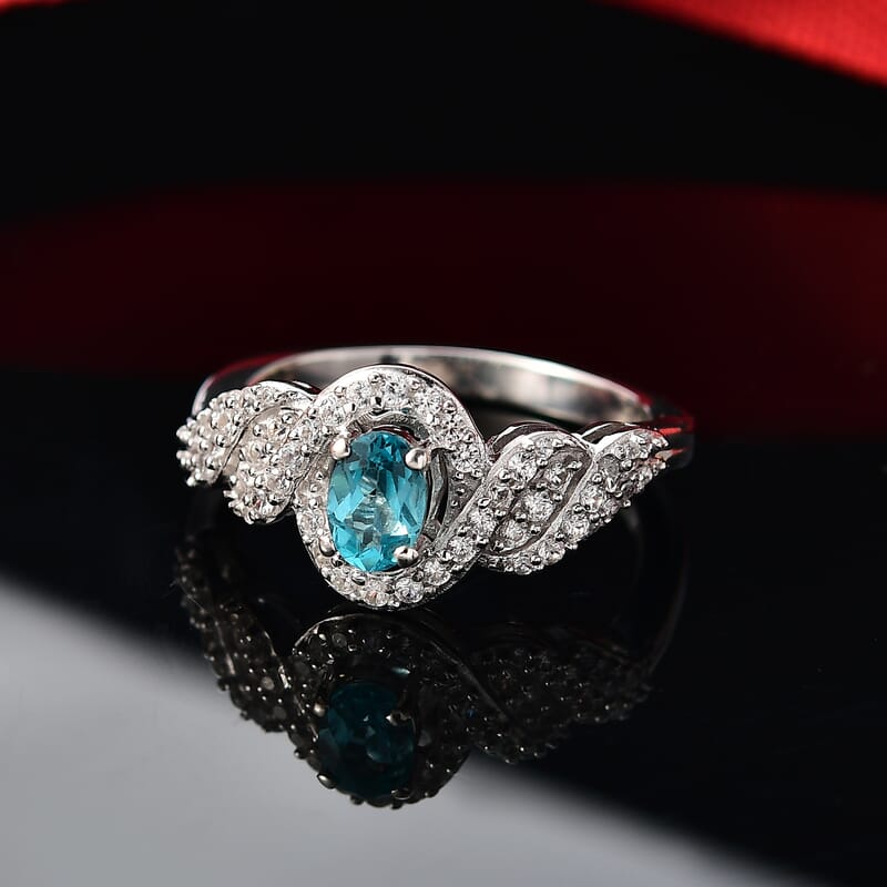 D'Joy Premium Betroka Blue Apatite and White Zircon 1.10 ctw Swirl Infinity Sparkle Ring in Rhodium Over Sterling Silver (Size 10.0)