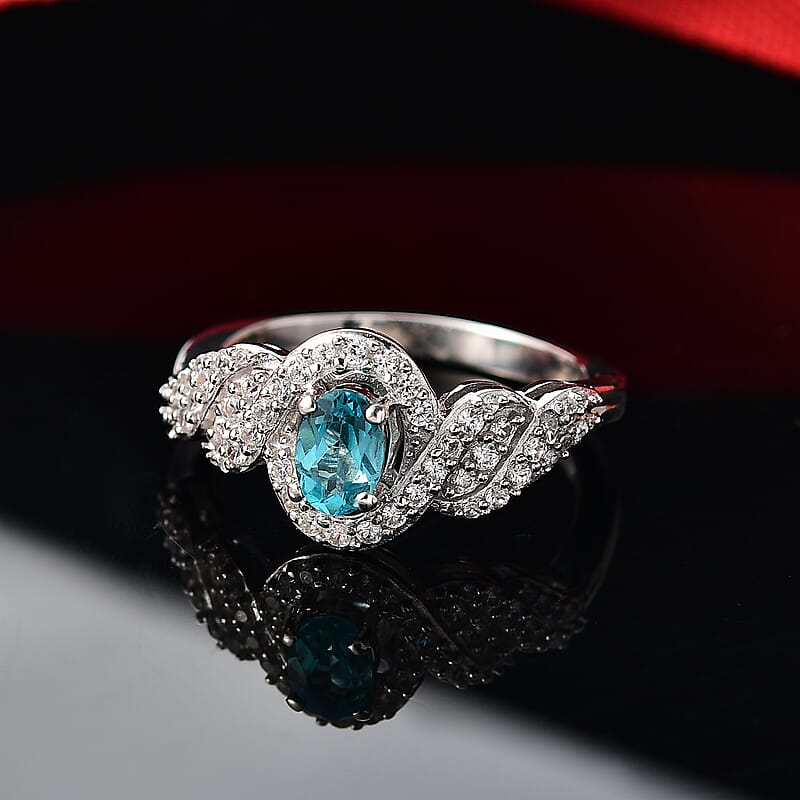 D'Joy Premium Betroka Blue Apatite and White Zircon 1.10 ctw Swirl Infinity Sparkle Ring in Rhodium Over Sterling Silver (Size 10.0)