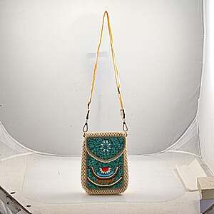 Green with Eye Pattern Woven Crossbody Bag with Shoulder Strap