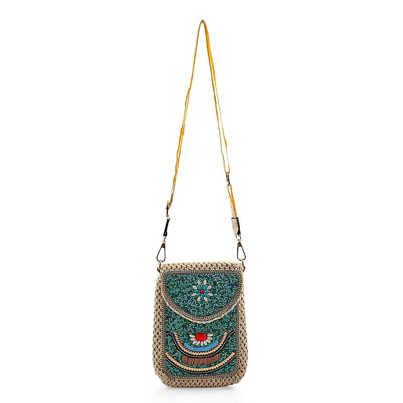 Green with Eye Pattern Woven Crossbody Bag with Shoulder Strap