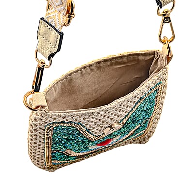 Green with Eye Pattern Woven Crossbody Bag with Shoulder Strap