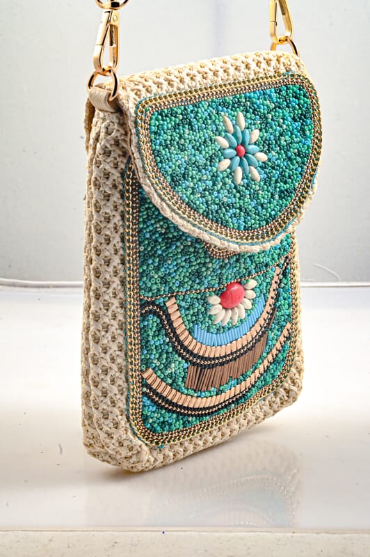 Green with Eye Pattern Woven Crossbody Bag with Shoulder Strap