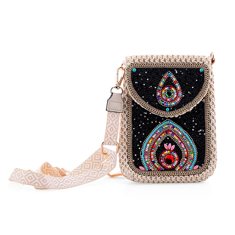 Black with Eye Pattern Woven Crossbody Bag with Shoulder Strap