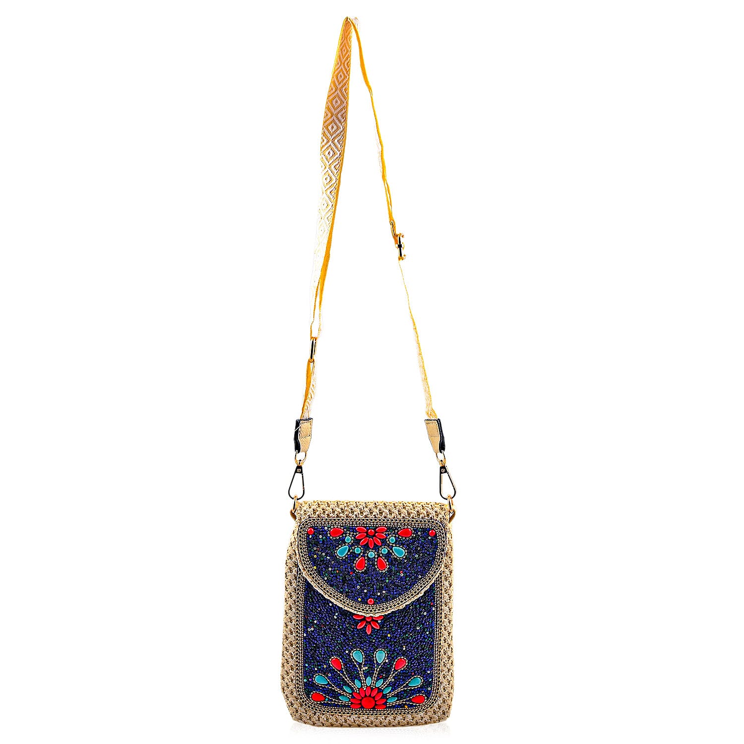 Black with Flower Pattern Woven Crossbody Bag with Shoulder Strap