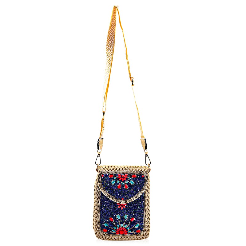 Black with Flower Pattern Woven Crossbody Bag with Shoulder Strap