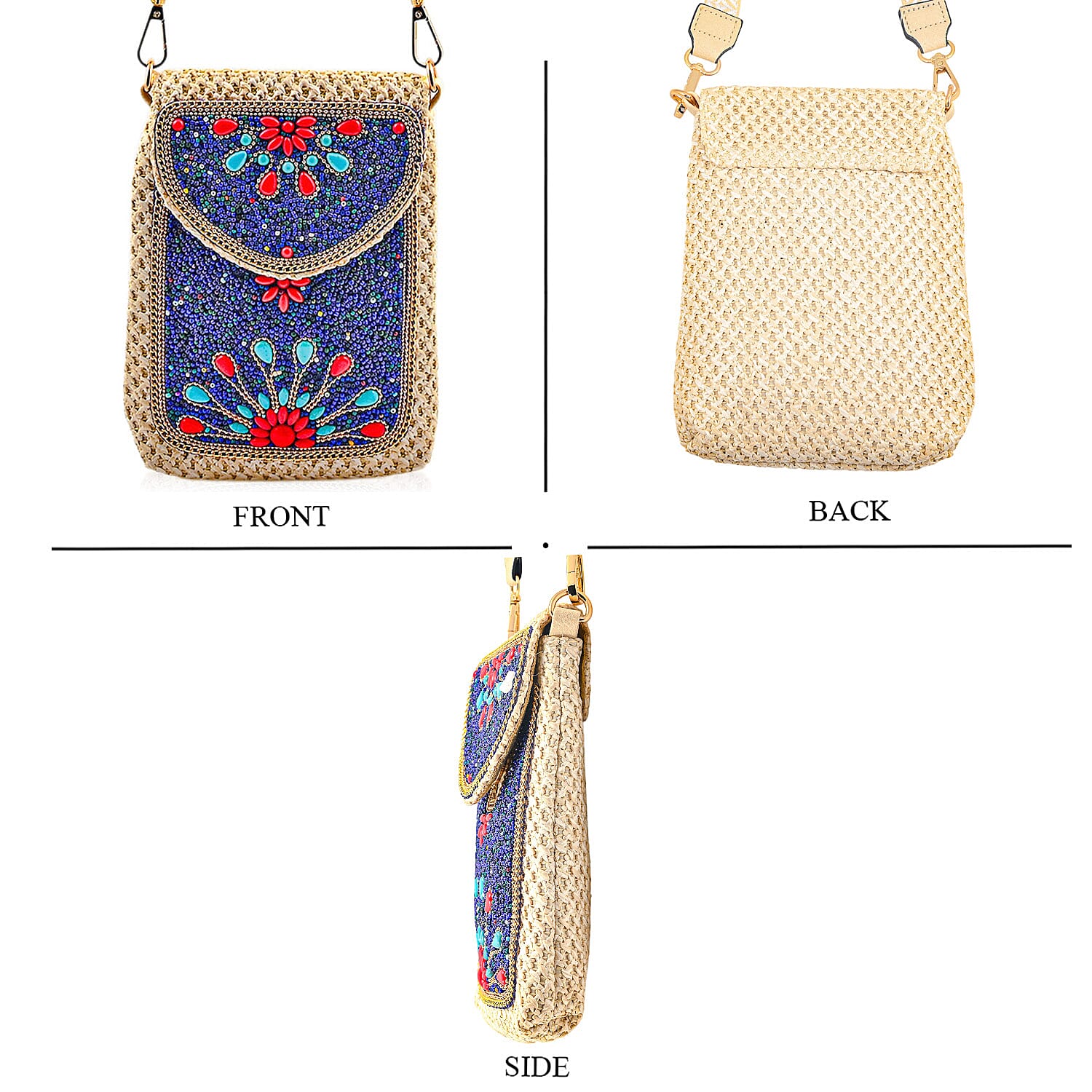 Black with Flower Pattern Woven Crossbody Bag with Shoulder Strap
