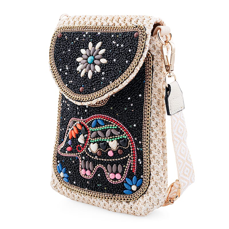 Black with Elephant Pattern Woven Crossbody Bag with Shoulder Strap
